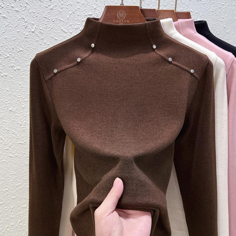 Middle Collar Double-sided German Velvet Bottoming Shirt Women's Integrated Velvet Piled Thickened Thermal Top, New In Spring, Autumn and Winter