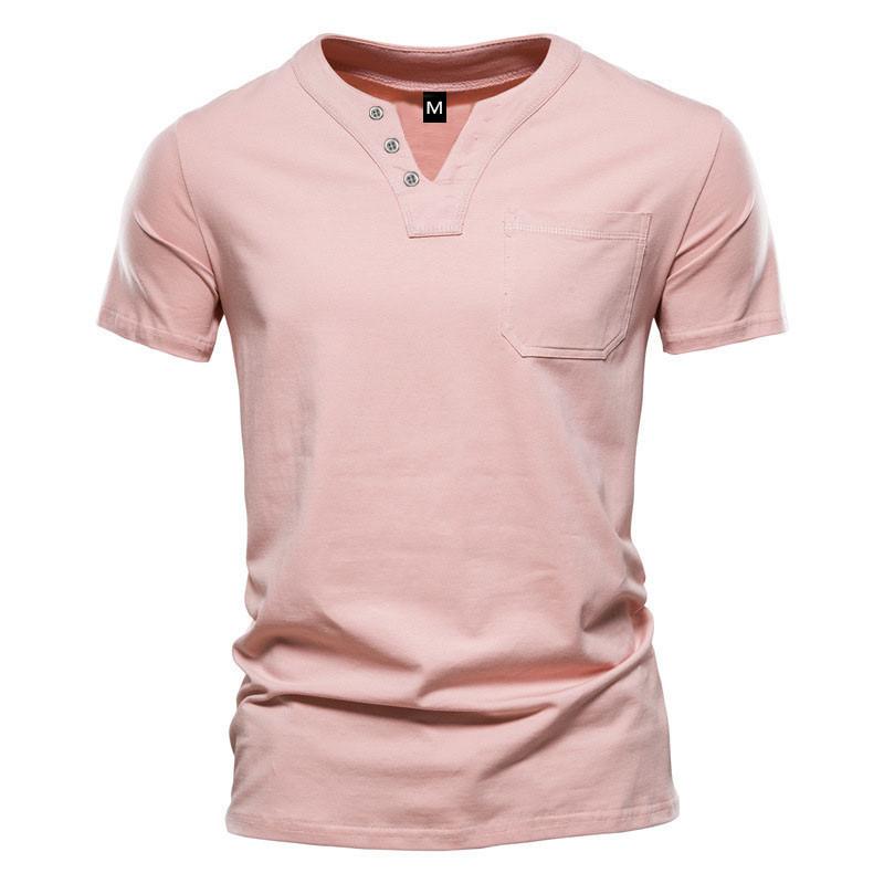 Men's V-neck Short-sleeved T-shirt Youth Casual Slim Sports Henley Solid Color Top