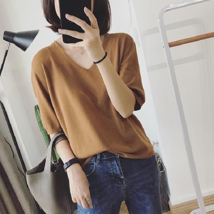 Summer Women's New Korean Style Simple V-neck Versatile Loose Pullover T-shirt Solid Color Mid-sleeve Casual Top Bottoming Shirt