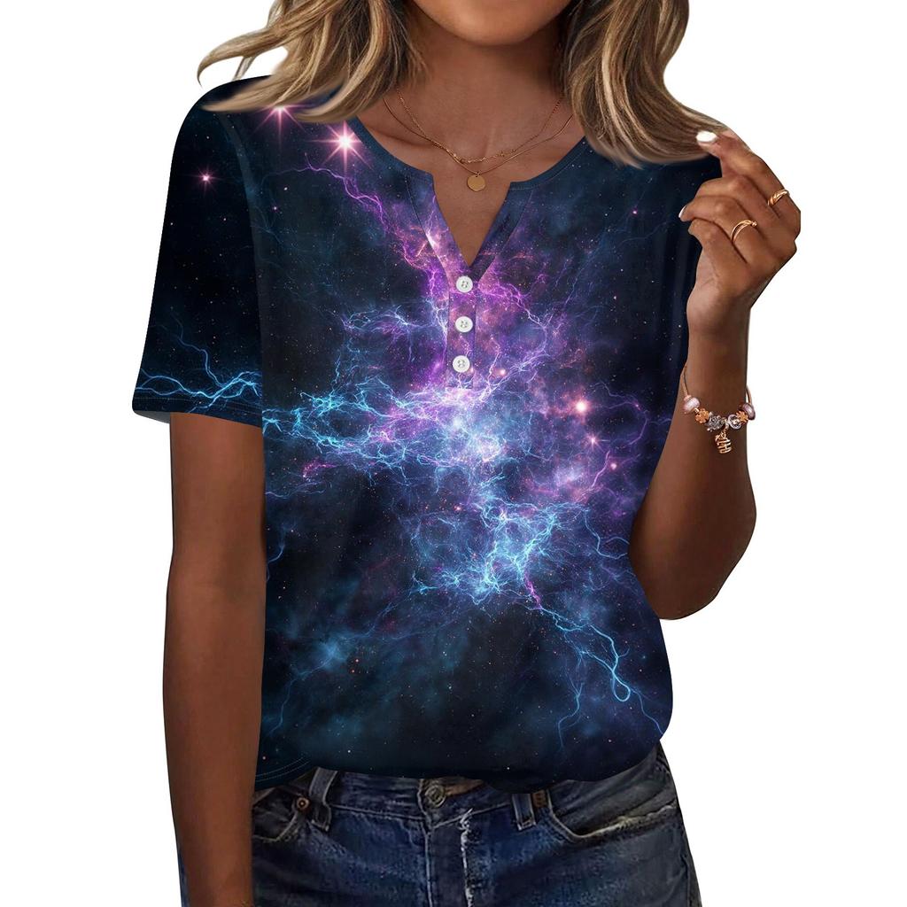 Damen T-Shirt mit Aufdruck und Knopfleiste, kurzärmelig, für den Alltag, Wochenendmode, Basic, V-Ausschnitt, normales Oberteil