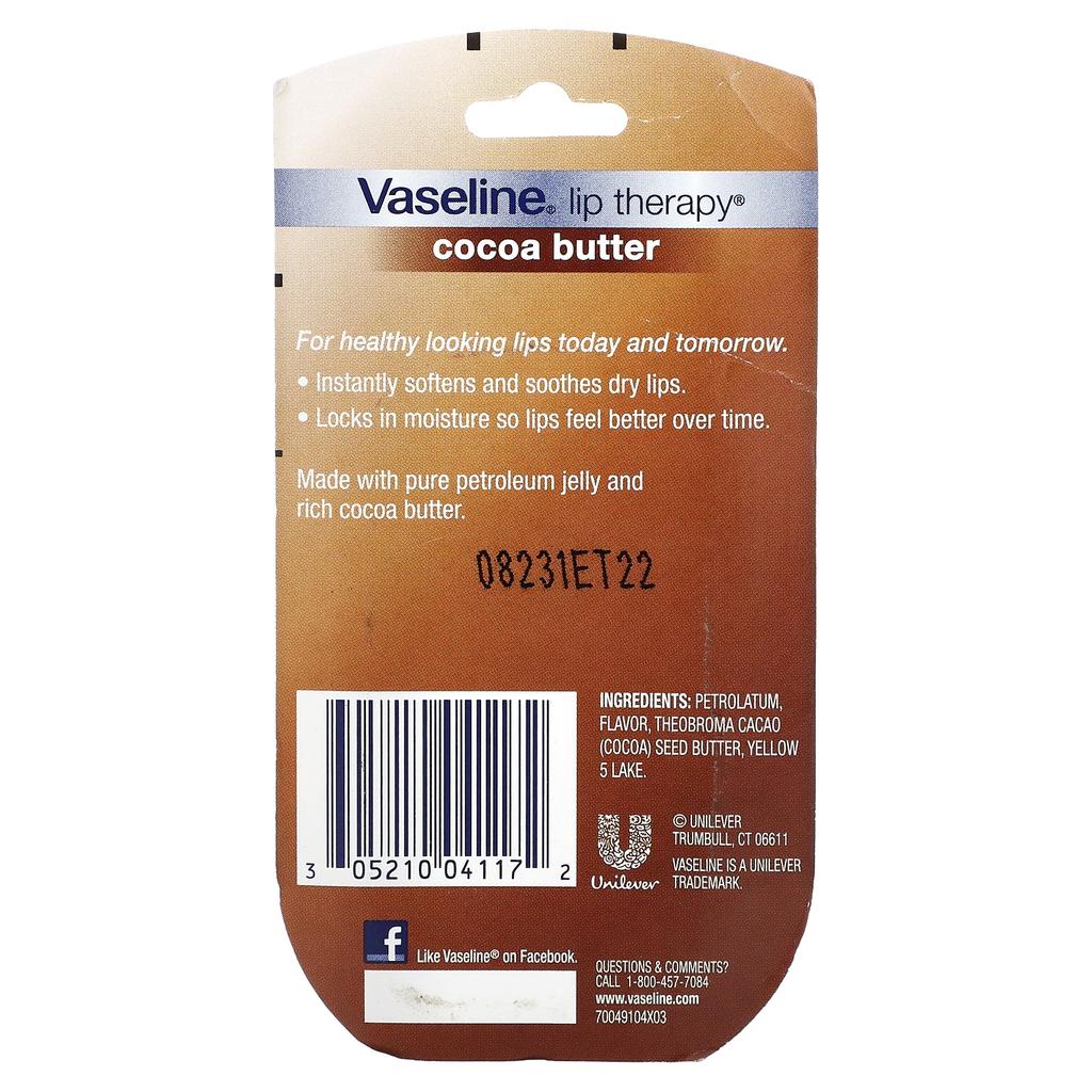 Vaseline Lip Therapy, Cocoa Butter, Set of 2, 7 G (0.25 Oz) Each