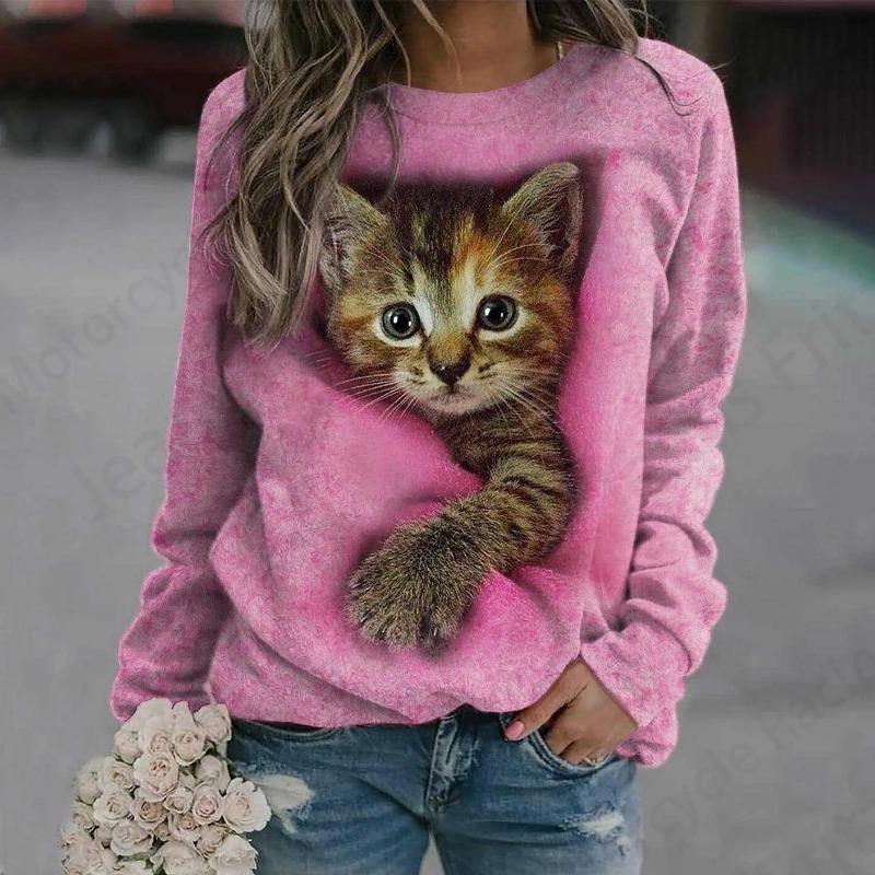 Spring and Autumn Round Neck 3D Animal Cat and Dog Pattern Printed Top Fashionable Casual Long Sleeved Women's T-shirts