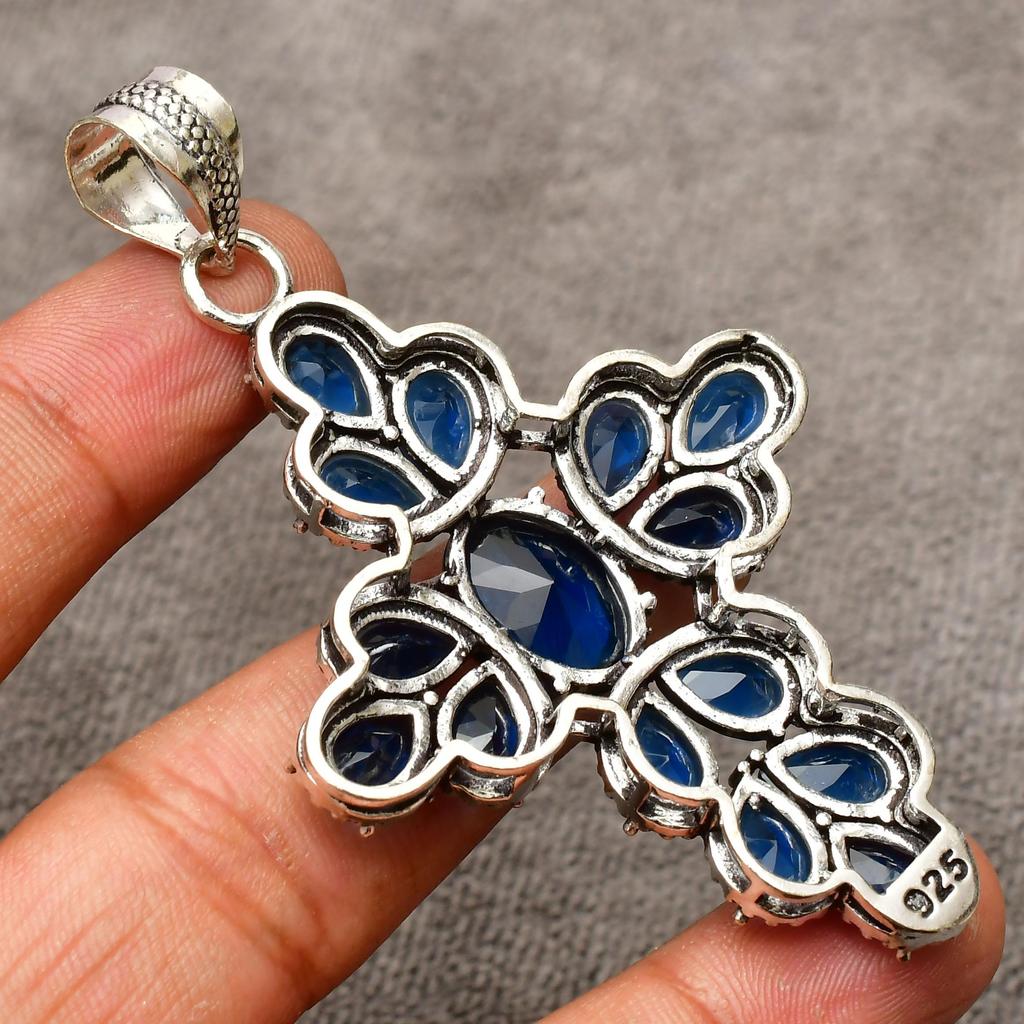 Blue Sapphire Gemstone Cross Shape Pendant : 925 Sterling Silver Handmade Jewelry Pendant