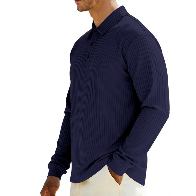 Mens Loose Turn Down Collar Long Sleeve Casual Business Solid Polo Shirt
