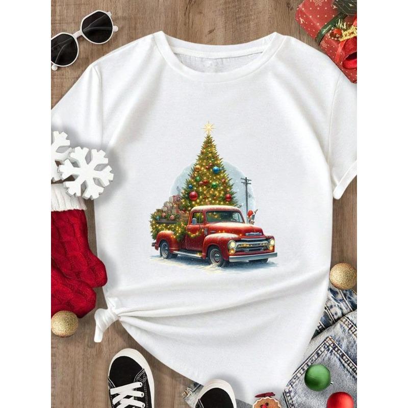 (European Size) Merry Christmas Tee New Year Holiday Top Festival Casual Tree Style Cute Women Print Lady Short Sleeve Fashion Graphic T-shirts