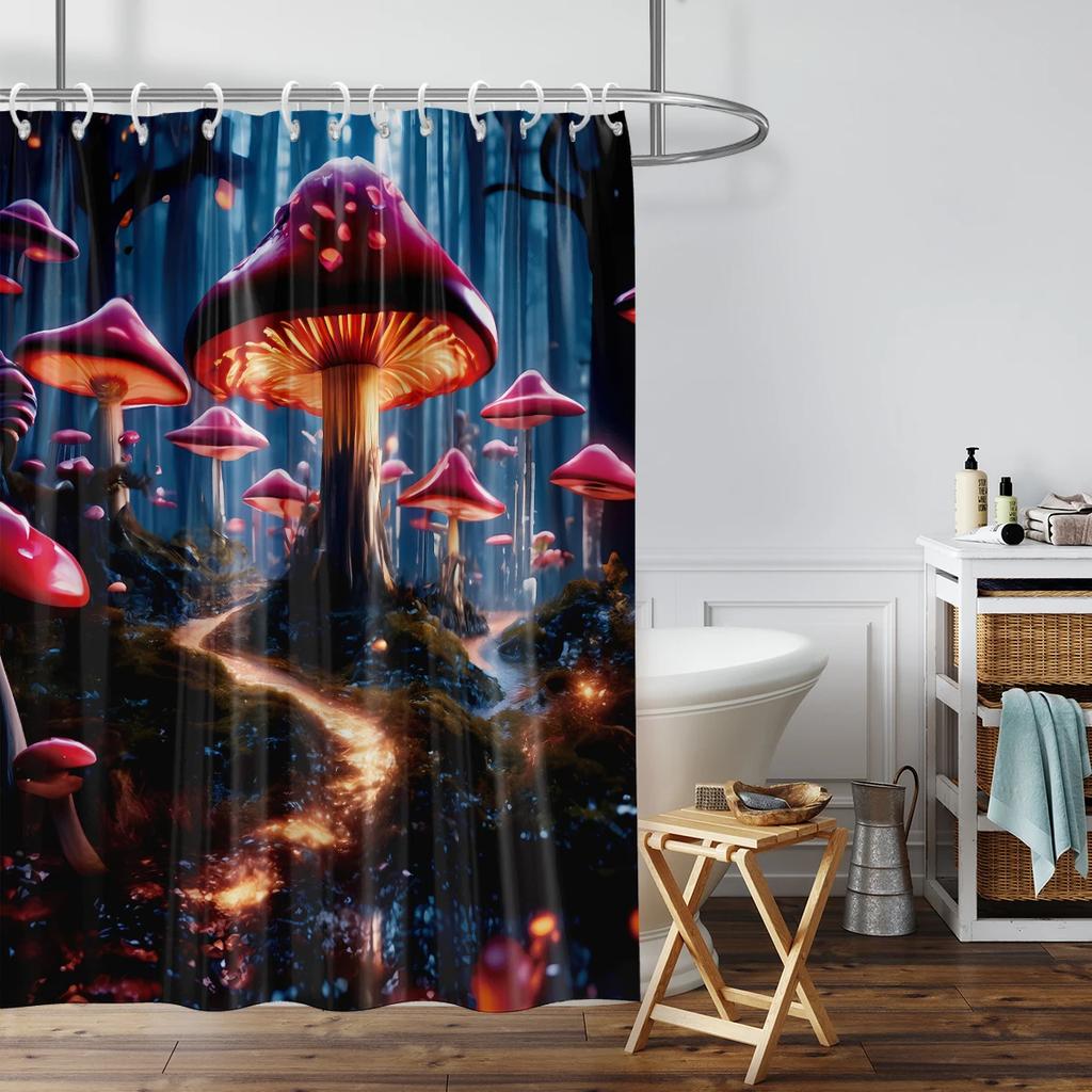 1PC mashroom wonderland pattern printed shower curtain, waterproof, washable, with 12 hooks, bathroom shower, bathtub, home use