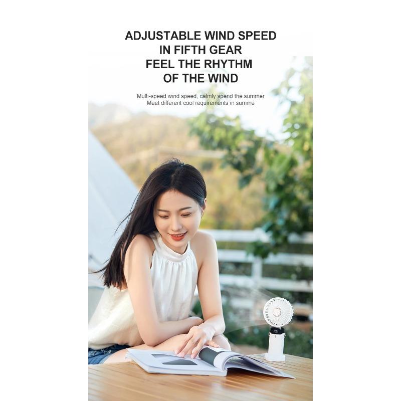 Mini ventilator portabil USB, pliabil, portabil, agățat pentru gât, ventilator reîncărcabil prin USB cu 5 viteze, cu suport pentru telefon și ecran de afișare
