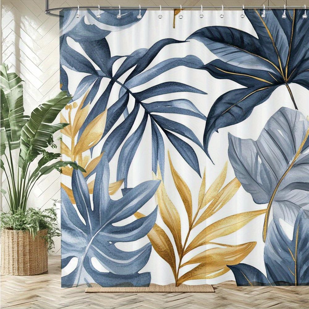 

1Pc Blue Teal Gold Tropical Shower Curtain - Polyester Fabric, Machine Washable, With Hook, Suitable For Bathroom Decoration W60H190(CM)-1 Pcs