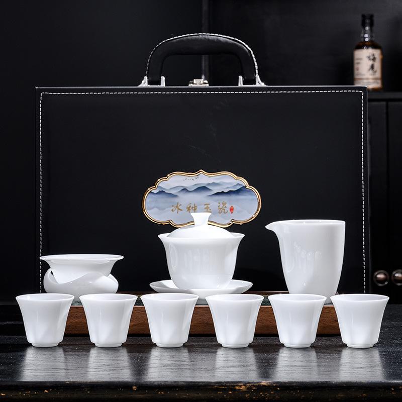 

Suet jade ice jade porcelain white porcelain tea drinking tea set a complete set of household kung fu teacups high-end business gifts