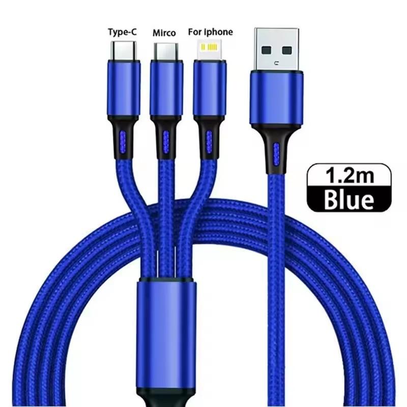 3 In 1 USB Fast Charging Cable 1.2M Type C Micro IOS Multi Charger Cable for iPhone Huawei Samsung Nylon Braided Cord Cable