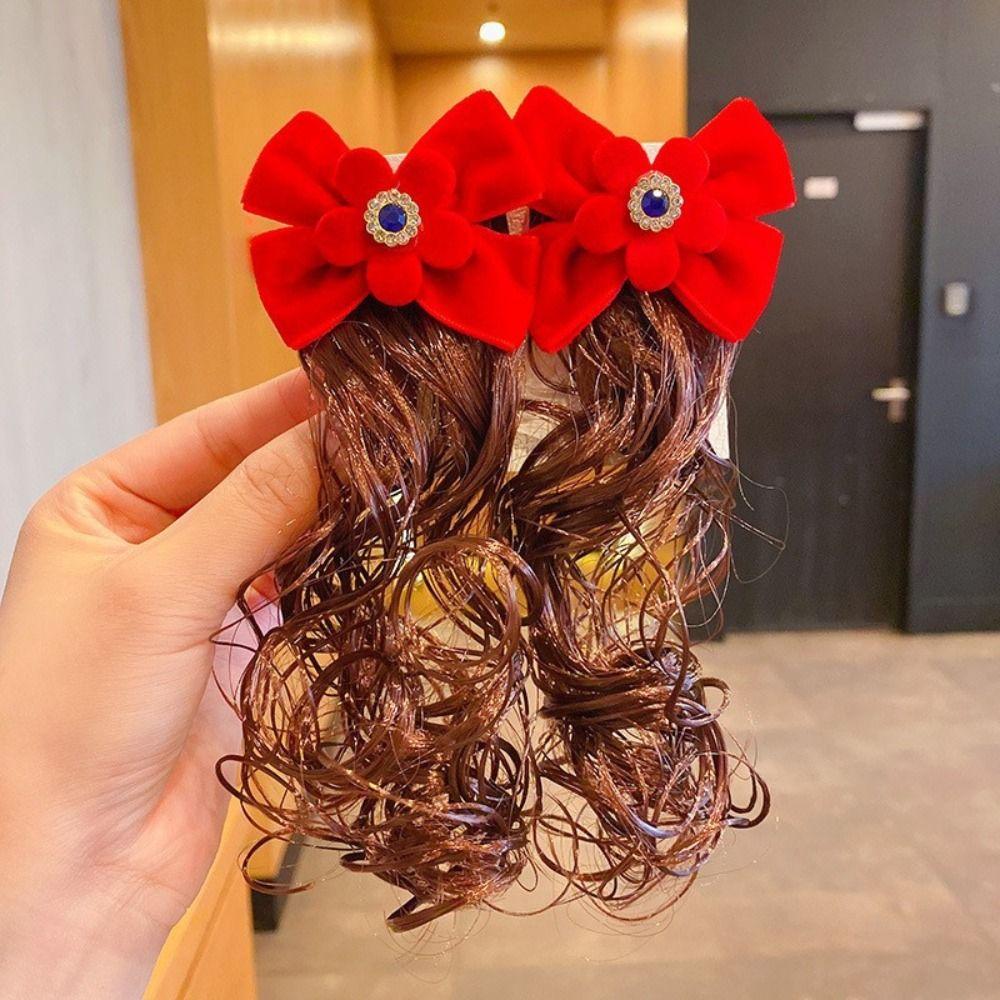2pcs Chinese Style Baby Wig Hairpin Cute Red Bowknot Hairclip Children's Bow Wig  New Year Festive