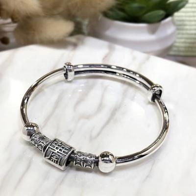 Solid Round Bead Retro Bracelet with Thai Silver Vintage Craftsmanship Ingot That Can Be Pushed and Pulled To Adjust The Bracelet