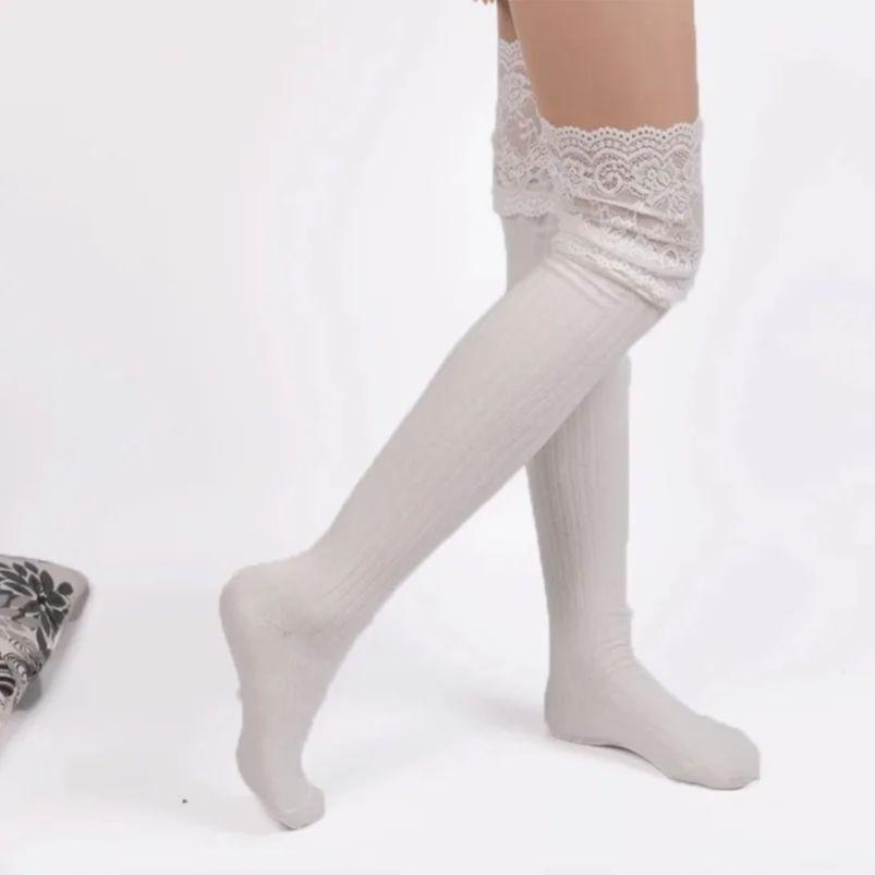 Over Above Knee Socks Womens Lace Stockings Warm Winter Ladies Girls Black White Long Thigh High Knitting Cotton Socks New