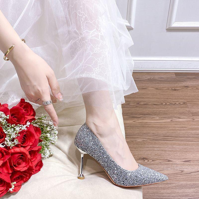 Fashion thin heels high heels not tired feet wedding shoes French bride wedding shoes high sense sequins bridesmaid shoes 2025 new
