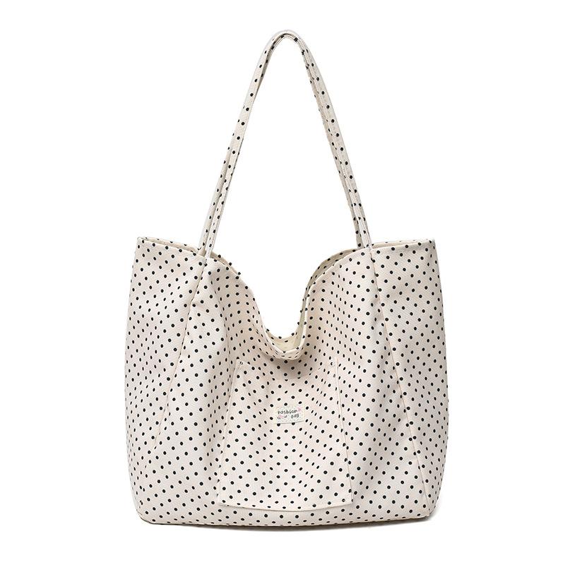 Large Capacity Canvas Tote Bag for Women Polka Dot Student School Commuting Korean Style Literary Shoulder Bag