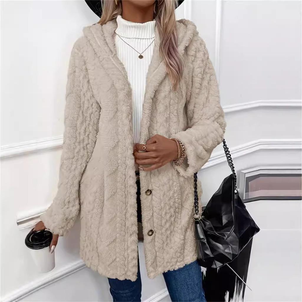 Women Cardigan Hoodie Jacket Autumn Winter Argyle Textured Pattern Hooded Irregular Hem Buttons Fleece Oversized Outerwear Coat