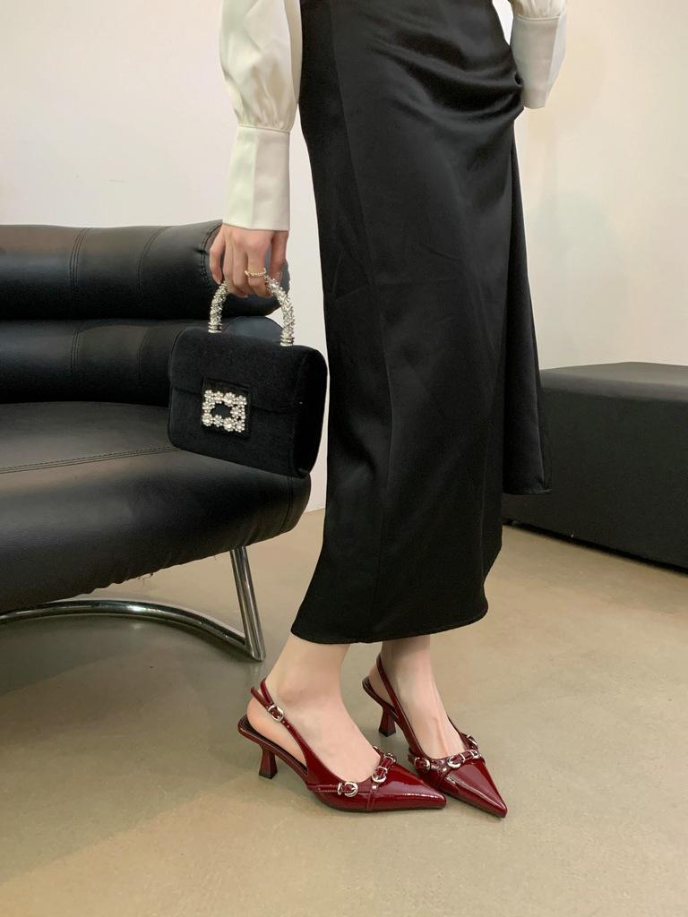 2025 spring and autumn new pointed high heels women's patent leather pointed one-word buckle sandals celebrity temperament single shoes
