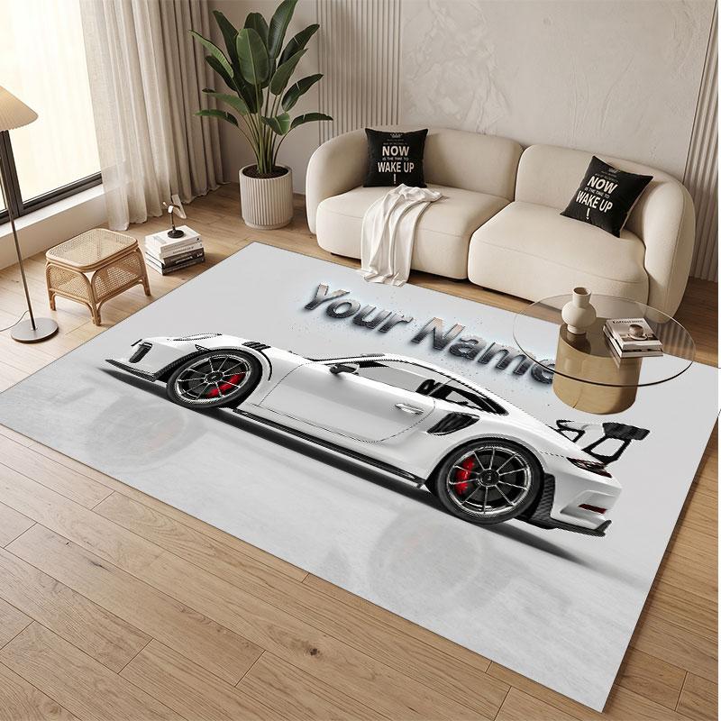 Car Racing Theme Soft Crystal Velvet Rug Custom Name & Text Print Non Slip Floor Rug for Bedroom Living Room