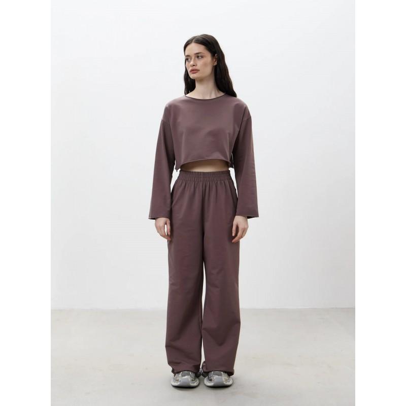 Womens Casual 2-Piece Set Long Sleeve Round Neck T-Shirt Elastic Wide Leg Pants Pure Color Streetwear