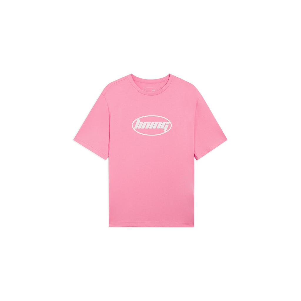 Li-Ning Sports Fashion Series Letter Print Casual Round Neck Short Sleeve T-Shirt Unisex Tops Dawn-Pink AHSSA33-13