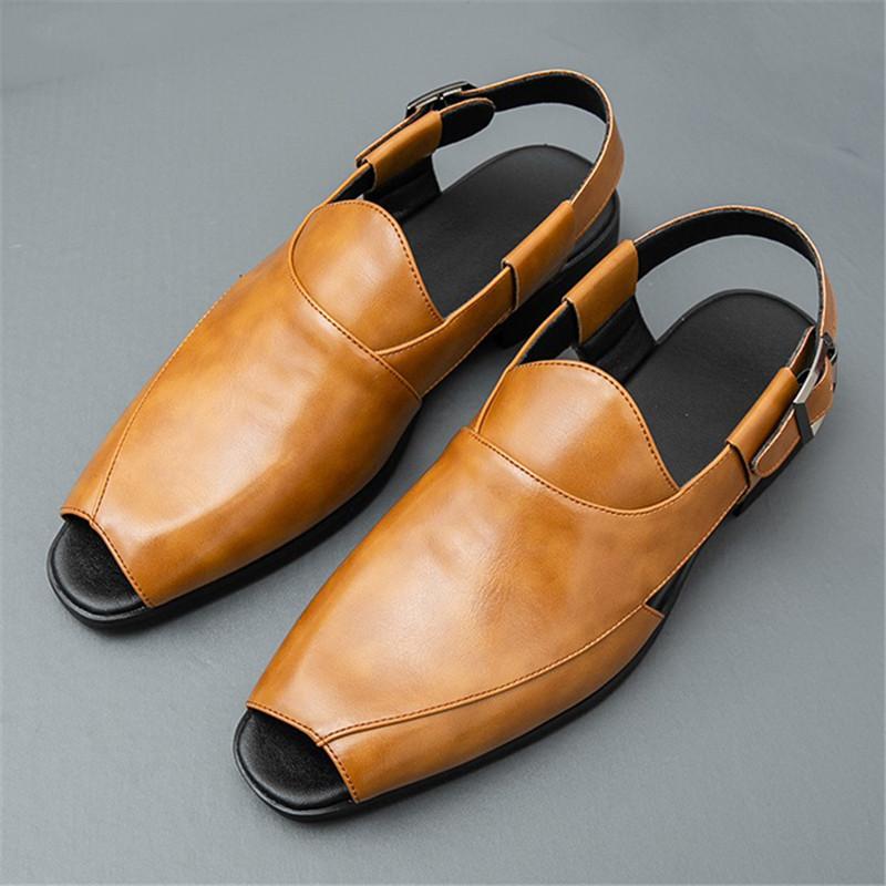 Summer New Men Gladiators Peek Toes Belt Leather Casual Shoes Breathable Beach Sandals Outdoor Slippers Brown White Plus Size