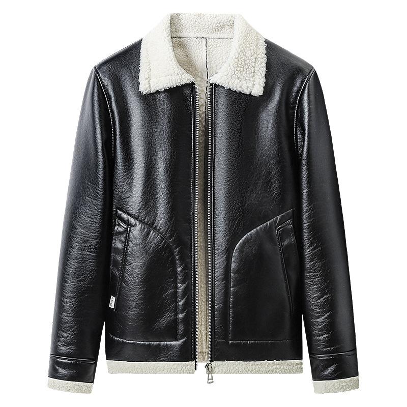 

Осенне-зимняя мужская кожаная куртка Молодежная кожаная куртка Бархатная повседневная куртка из искусственной кожи с утолщенными лацканами M чёрный