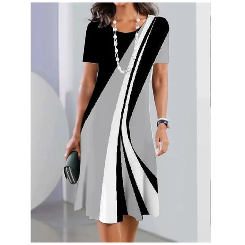 Street Casual Summer Women Dress Plus Size Stripe Splicing Print Short Sleeve Loose A-Line Dress