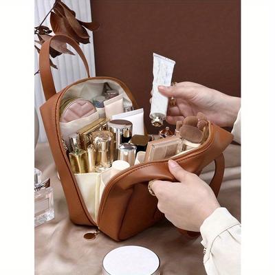 1pc High Quality Travel Large Capacity Multi-Pocket Cosmetic Bag, PU Leather Waterproof Portable Toiletry Bag, Perfect Makeup Storage Bag Perfect