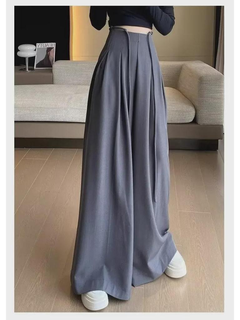 High-Grade Gray Wide-Leg Floor-Length Lace-Up Belly-Control Casual Pants for Women