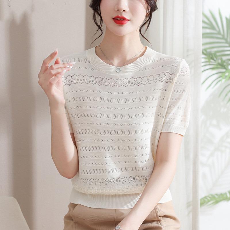 Ice Silk Short Sleeved Knitted Sweater Women's Summer Round Neck Thin Design Sense Short Jacquard Top T-shirt Women