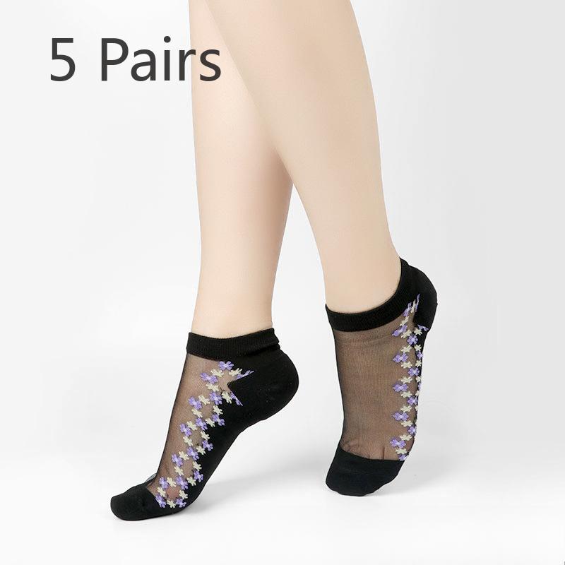 5 Pairs of Women's Summer Embroidered Non Slip Cotton Bottom Glass Silk Socks