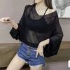 Summer V-neck seven-point bat-sleeved hollow blouse women's TK popular loose and thin outer top knitted sweater