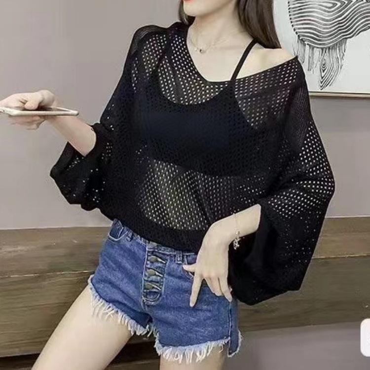 Summer V-neck seven-point bat-sleeved hollow blouse women's TK popular loose and thin outer top knitted sweater