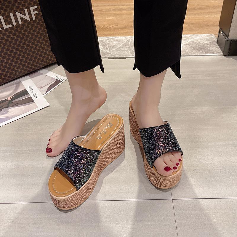 Summer Women Fashion Sexy High-heeled Thickened Outdoor Sandals, Leisure Retro Ethnic Fish Mouth Open-toed High-heeled Slippers