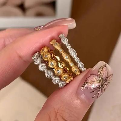 Vintage Luxury Inlay Crystal Finger Ring for Women Girl Minimalism Round Texture Zircon Light Luxury Design Fashion Jewelry Gift