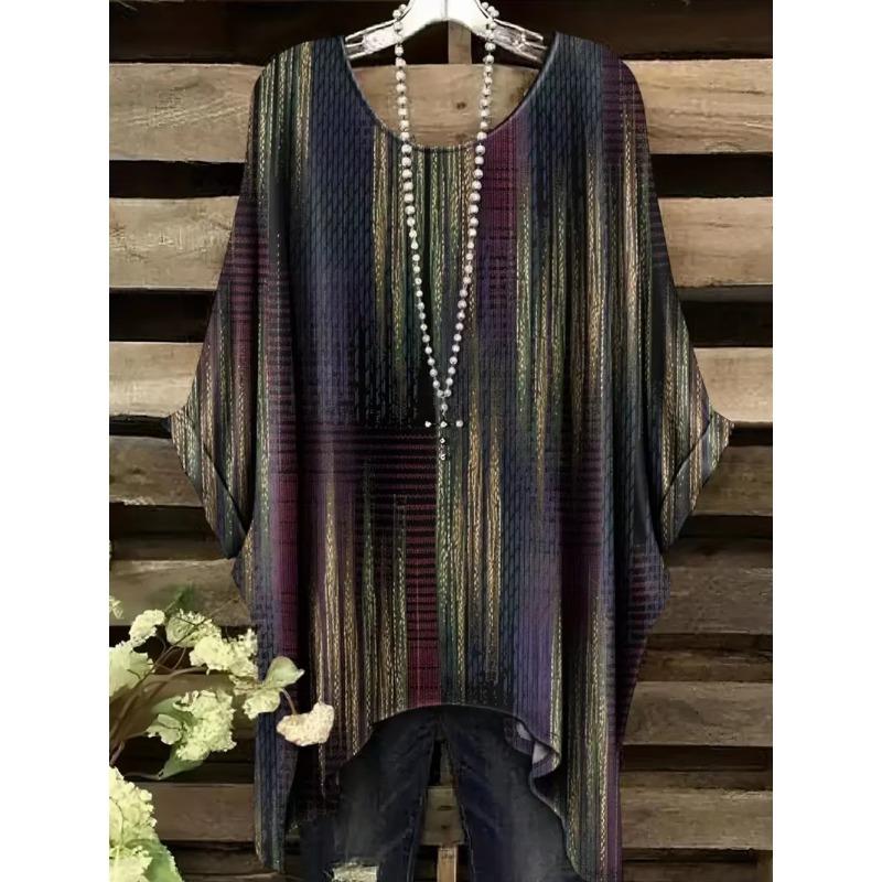 Vintage Women's T-Shirt Color Gradient Print Elegant Asymmetrical Hem O-Neck Short Sleeve Top Casual Fashion Street Outdoor Tops