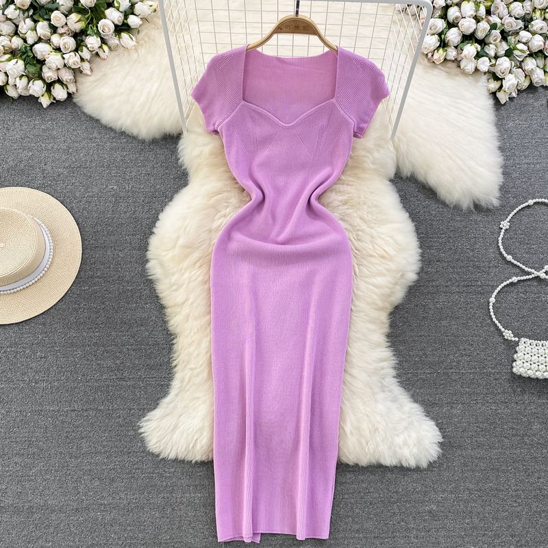 

Summer K-style Square Collar off-Shoulder Knitting Dress Pinkish Purple All yards