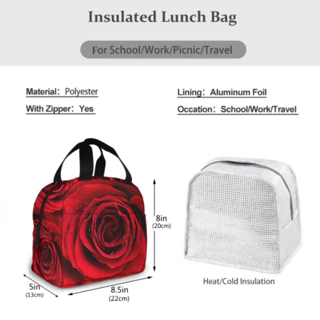 Red Rose Flower with Raindrop Valentine's Day Insulated Lunch Bag Lunch Box Containers for Women Men Office School Picnic