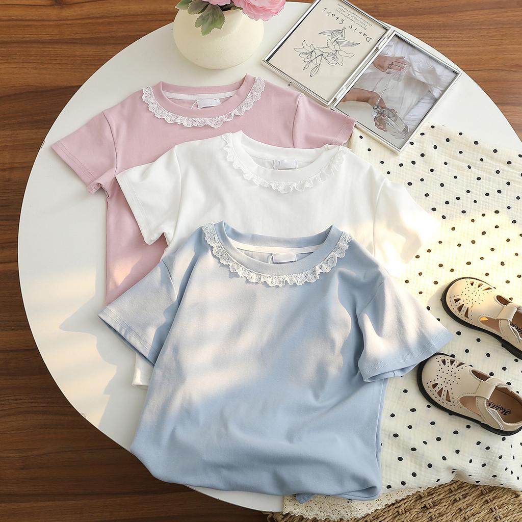 Girls Summer Lace Ruffle Peter Pan Collar Short Sleeve T Shirt Casual Top
