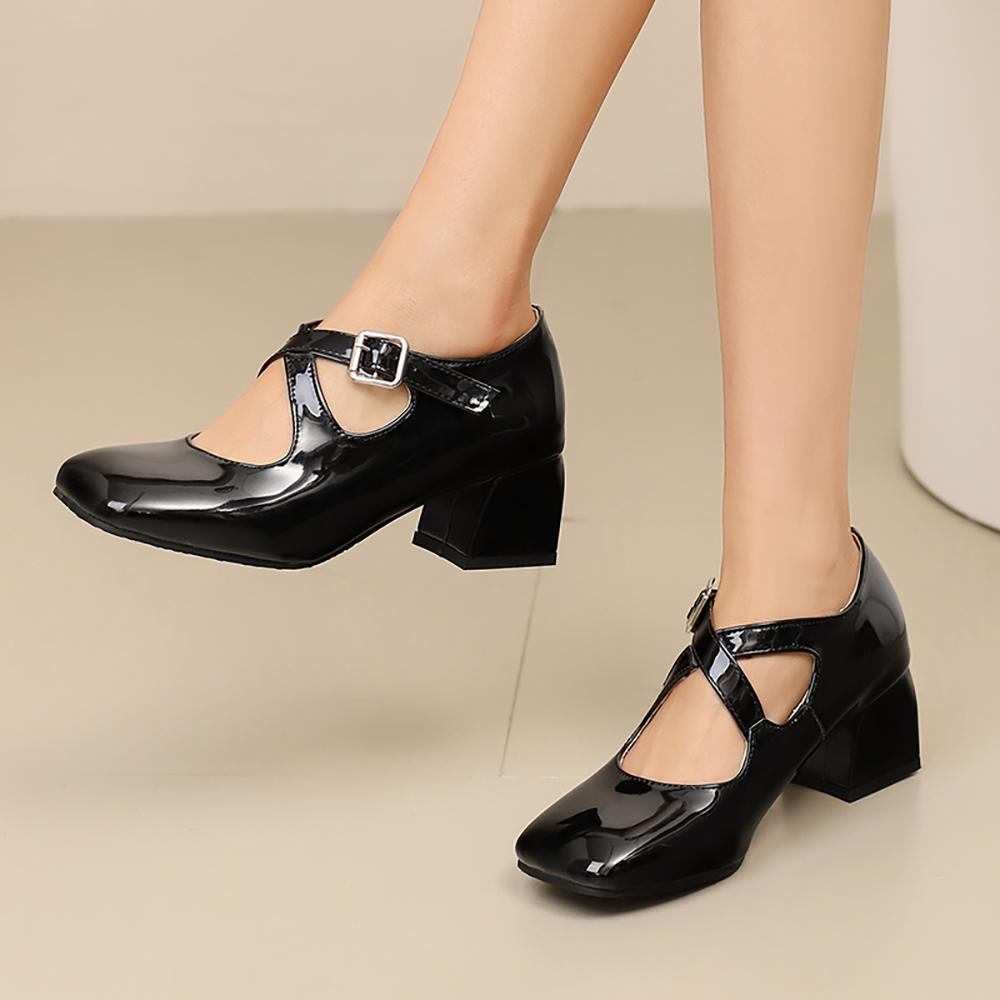 White Women Pumps Square Toe Non-slip Buckle Strap High Block Heel Plus size 45 48