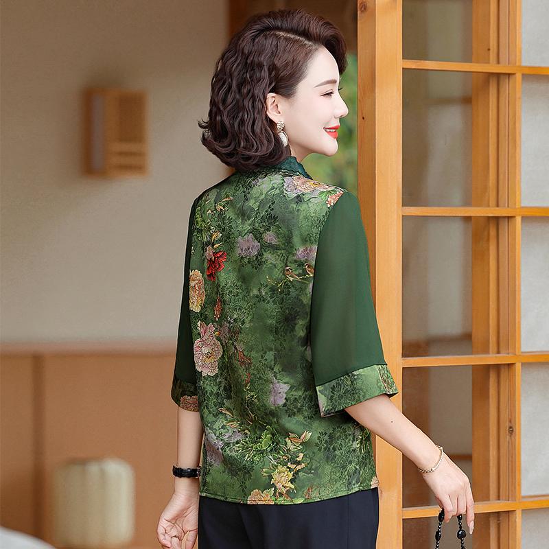Middle Aged and Elderly Women's Casual Breathable Round Neck Short Sleeved Chinese Style T-shirt Western Style Top for Women