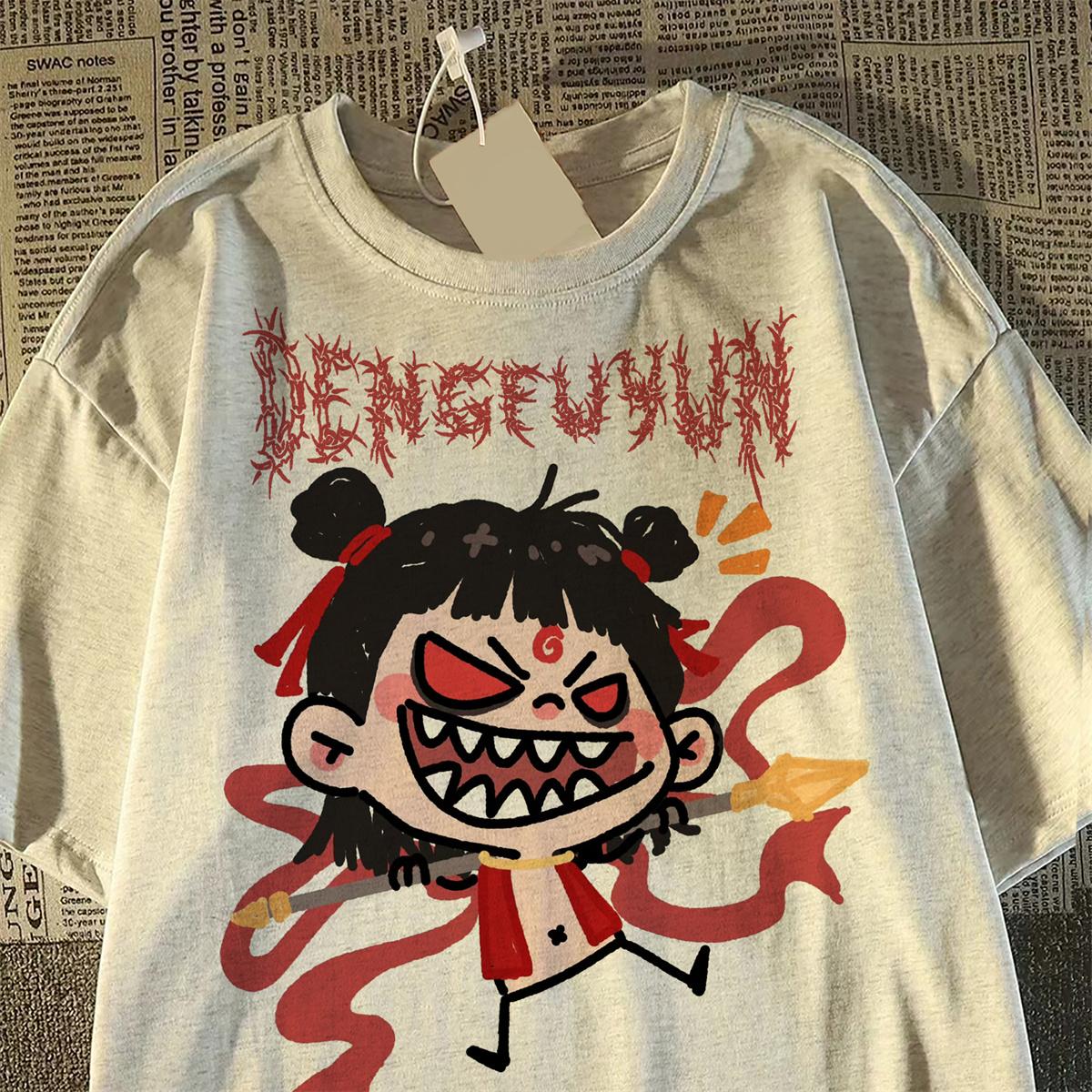 Футболка унисекс Nezha, летняя футболка из чистого хлопка для женщин, повседневная футболка с рисунком, женская Harajuku, свободная, с коротким рукавом, белая, y2k, топы 3XL