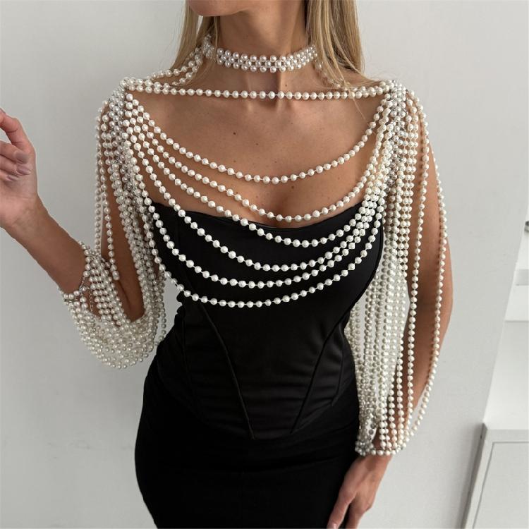 Multi Purpose Pearls Chest Chain for Vacation Photography and Fashion Shows Featuring Interchangeable Accessories