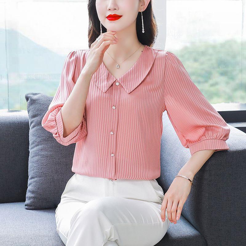 Fashion Chiffon Shirt 3/4 Sleeve Women's Summer New Mom Top Solid Color Doll Collar Bottoming Blouse M-4XL