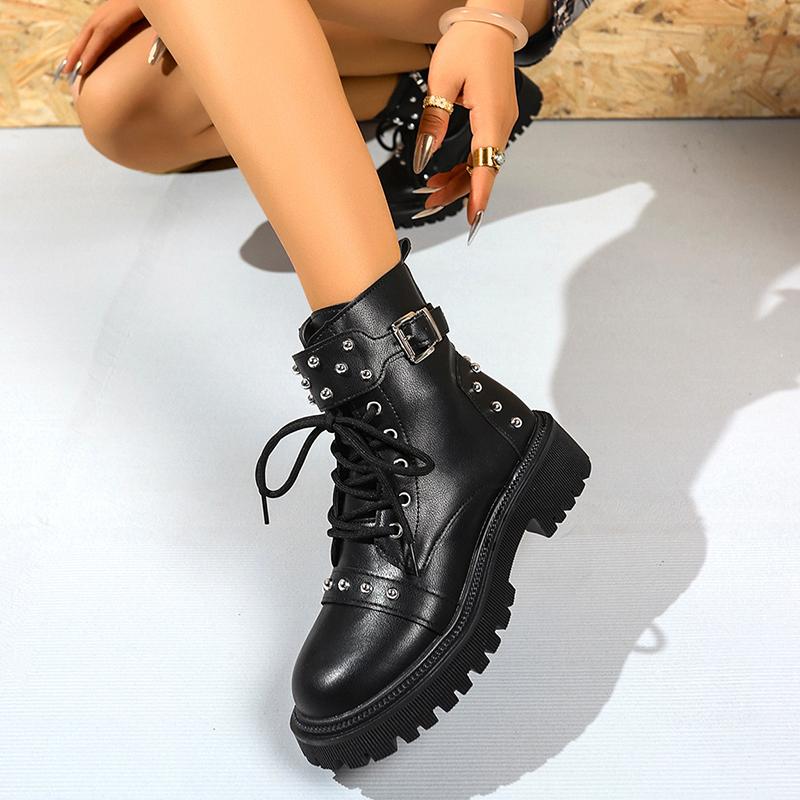 Fashion Rivets Decor Platform Ankle Boots Women Fashion Buckle Lace Up Zippers Combat Boots Woman Balck Pu Leather Motorcycle Shoes 42