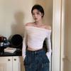 2KWEIRD  Long Sleeve T-shirts Women Autumn Slash Neck Sexy Slim-fit Pleated Hot Girls All-match Off Shoulder Sweet Backless Soft Solid