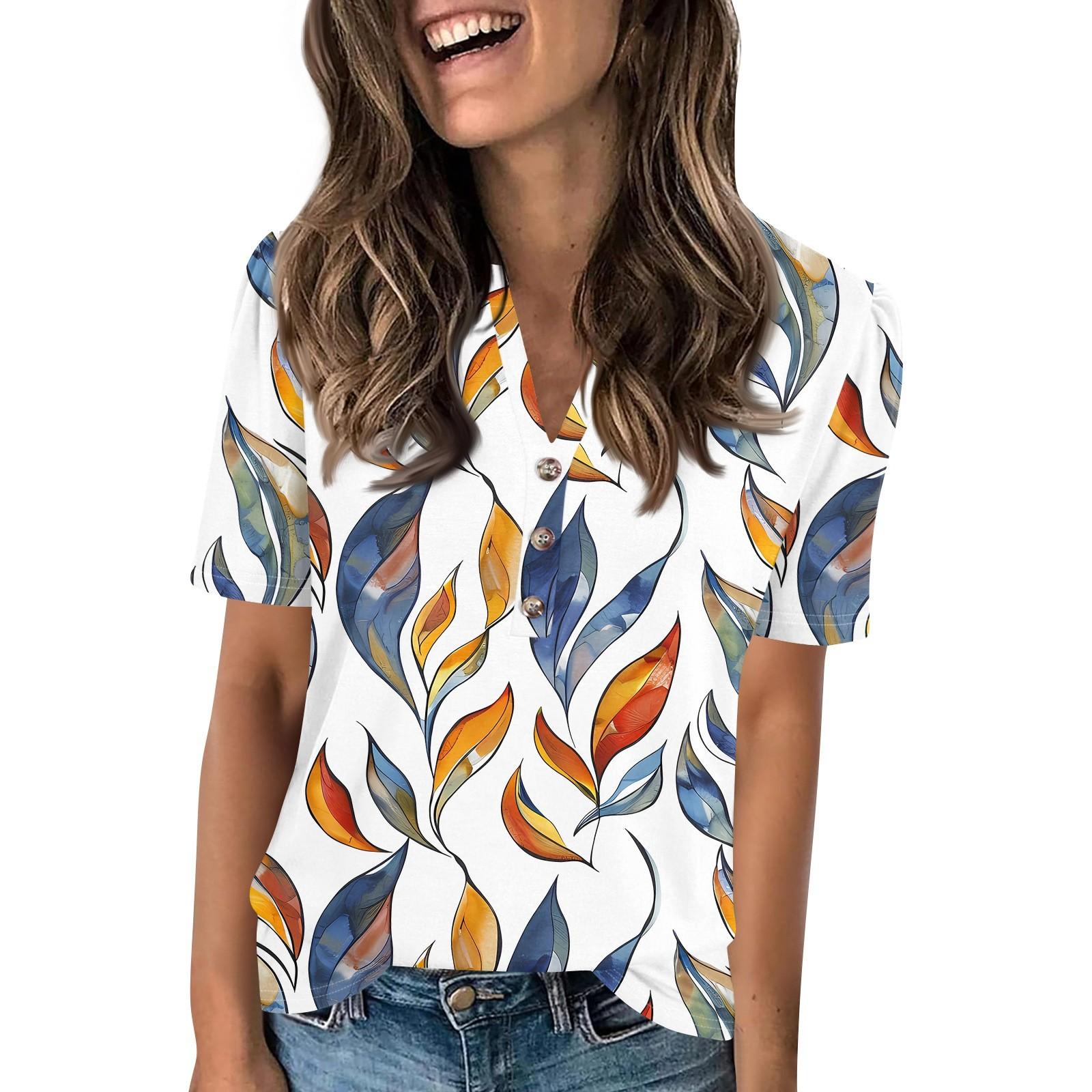 

Женский модный повседневный свитер с коротким рукавом и принтом на пуговицах и V-образным вырезом XL оранжевый