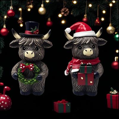 2Pcs Cow Statue Christmas Figurines Decorative Resin Ornament for Festival Bookshelf Cabinet