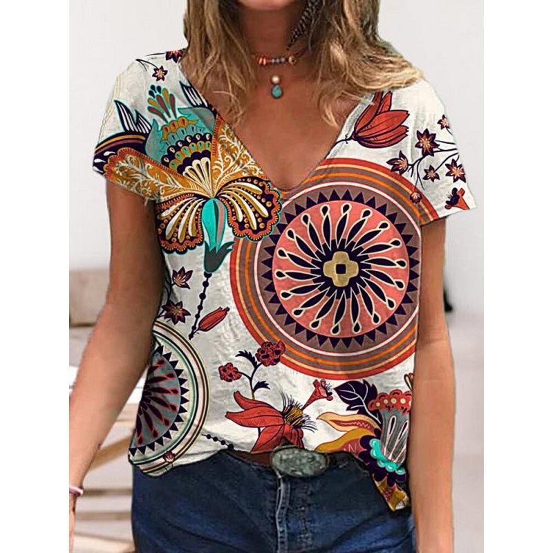 Summer V-neck 3D Flower Printed Top Fashionable Casual Short Sleeved Women's T-shirts