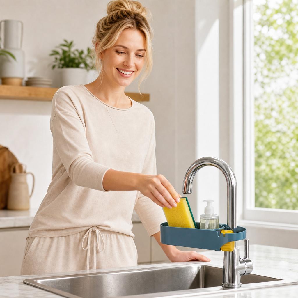Kitchen Faucet Drain Storage Rack Adjustable Sink Organizer Holder for Soap Sponge Brush Drainage Container